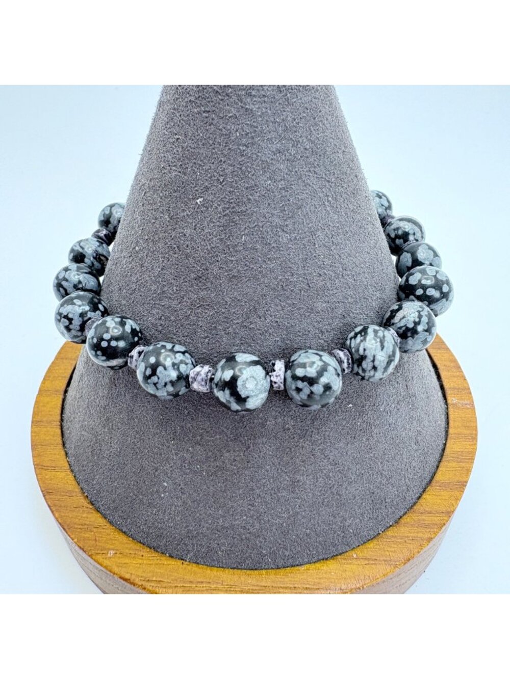 Black Moss Agate Round Beaded Bracelet & Toggle Clasp 7.25" Length